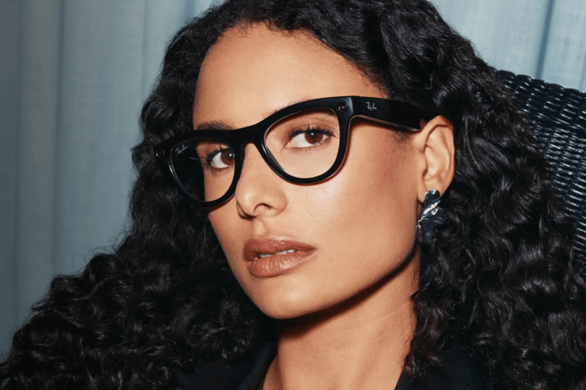 close-up of a woman wearing Ray-Ban Meta glasses